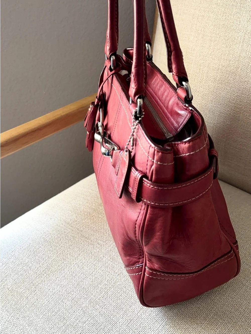 Coach Burgundy Leather Satchel with Silver Hardware
